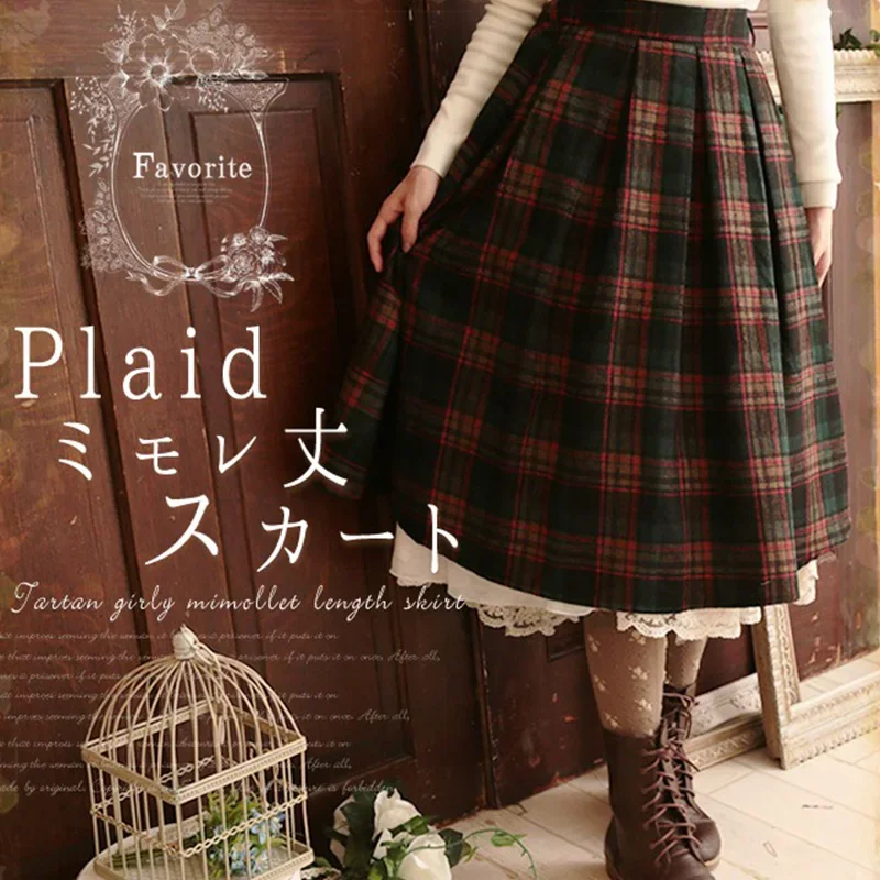 Women's Japanese Mori Girl Vintage Plaid Skirt, High Elastic Waist, Mid Calf Female Lovely Skirts, Spring, Autumn, Retro