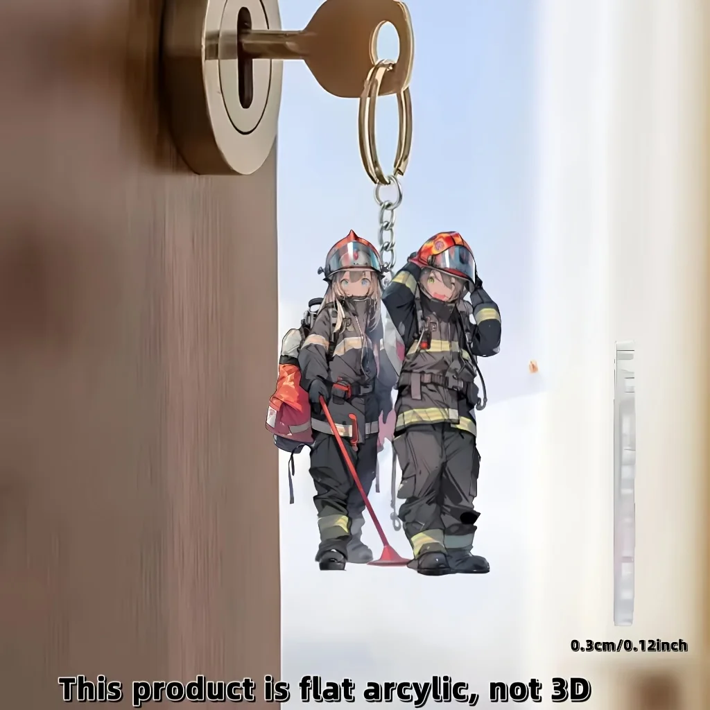 2D Firefighter Keychain Flat Interesting Acrylic Ornament Cars Backpacks Decoration Gifts for Party Thanksgiving Christmas