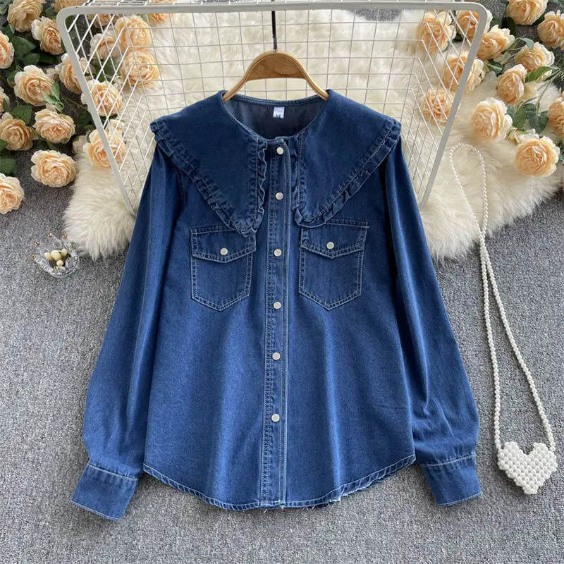 

2024 Womens Soft Denim Shirt Blouse Button Up Long Sleeve Spring Shirt Casual Blue Peter Pan Collar Jeans Shirt Cotton