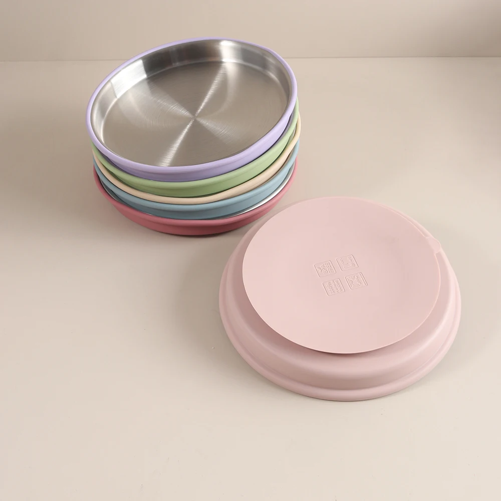 New Custom Name Round Plate Suction Tableware Silicone Stainless Steel for Toddlers baby Silicone Training Plate
