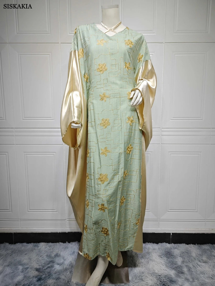 Siskakia Arab Dubai Fashion Floral Embroidery Long Dresses Moroccan Kaftan Casual Contrast Color Batwing Sleeve Abaya For Women