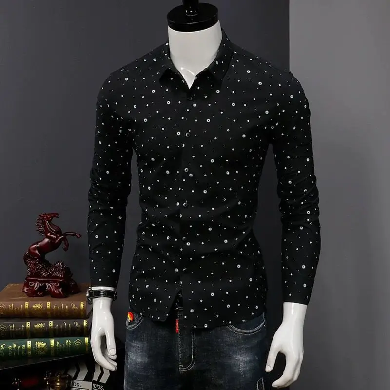 Spring Autumn Male Polo-neck Polka Dot Printed Casual Shirt Hombre Long Sleeve Fashion All-match Buttons Blouse Top Men Cardigan