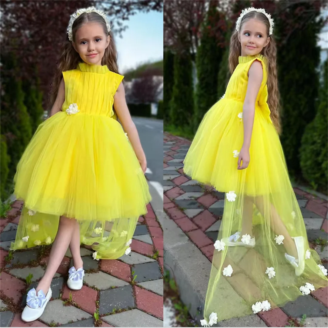 

Желтые платья с цветочным узором для девочек со шлейфом, индивидуальное платье с высоким воротом и 3D цветочным принтом для маленьких девочек на день рождения, праздничное платье принцессы