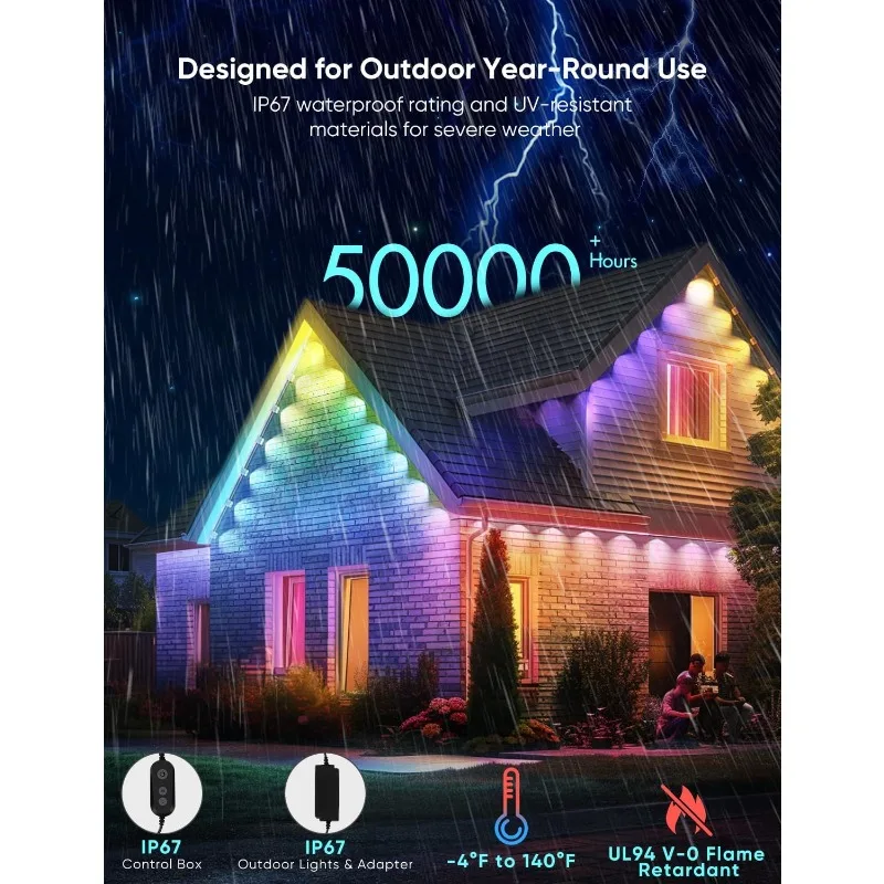 home.Permanent Outdoor Lights Pro 200ft، مصابيح RGBCW الذكية مع 144 مصباح LED، عدسة مزدوجة، قابلة للقطع، 111 وضعًا للمشهد، IP6