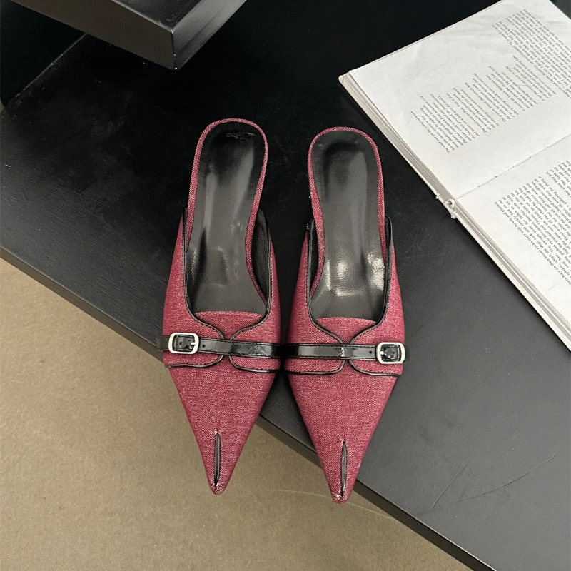 Women Summers Slingback Sandals Pointed Low Heel Mueller Slippers Female Belt Buckle Designer Offices Jeans Thin Heel Slippers