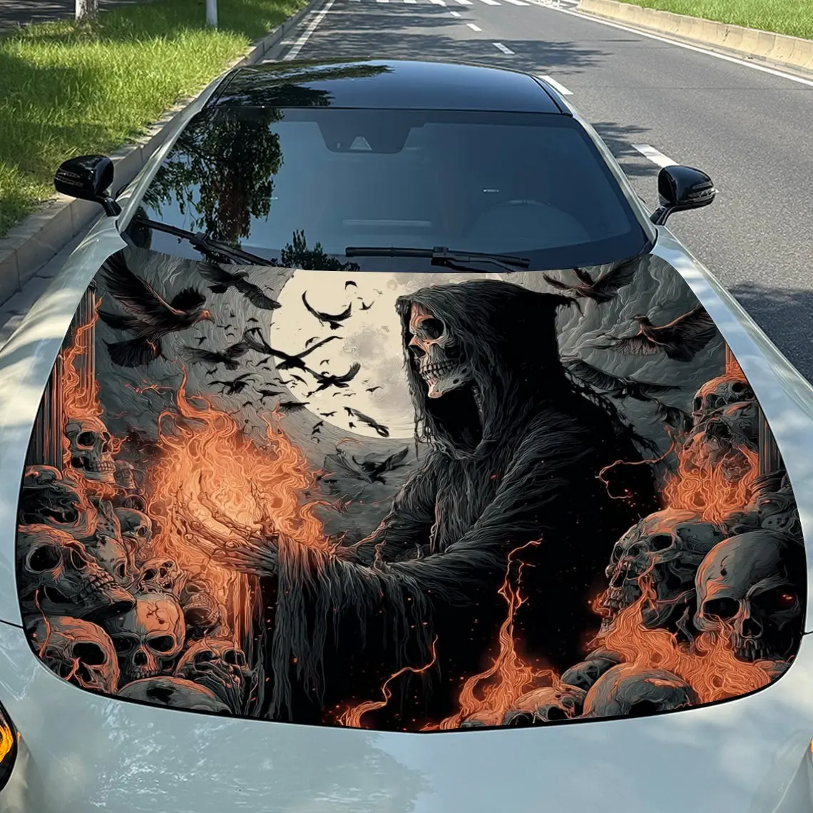 

Crow&Magic Skull Car Hood Vinyl Wrap - Self-Adhesive Scratch-Resistant Waterproof PVC Decal, Fit For Trucks & Cars, Durable Engi