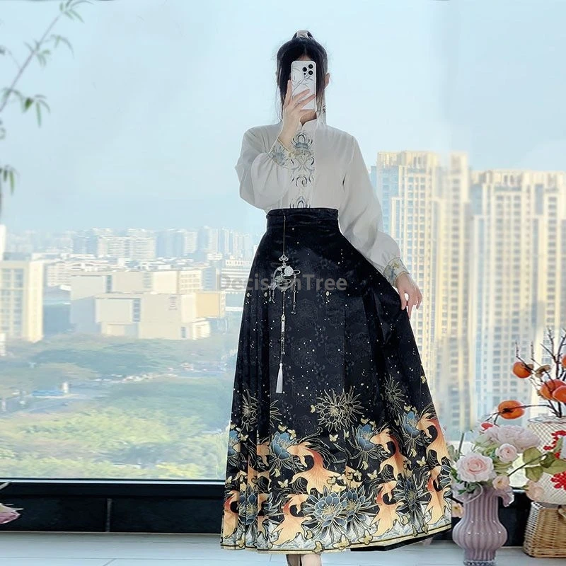 Woman Ming Dynasty Hanfu Set Horse Face Skirt Chinese Traditional Hanfu Costume Stand Collar Vintage Pleats Skirt