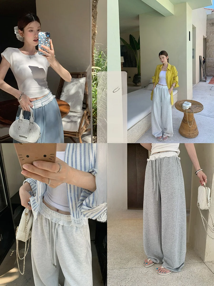 

Ibell High Waist Drawstring Casual Pants Long Velvet Cotton Straight Leg Lace Trim Anti-Aging Playful Floral Women's Pants