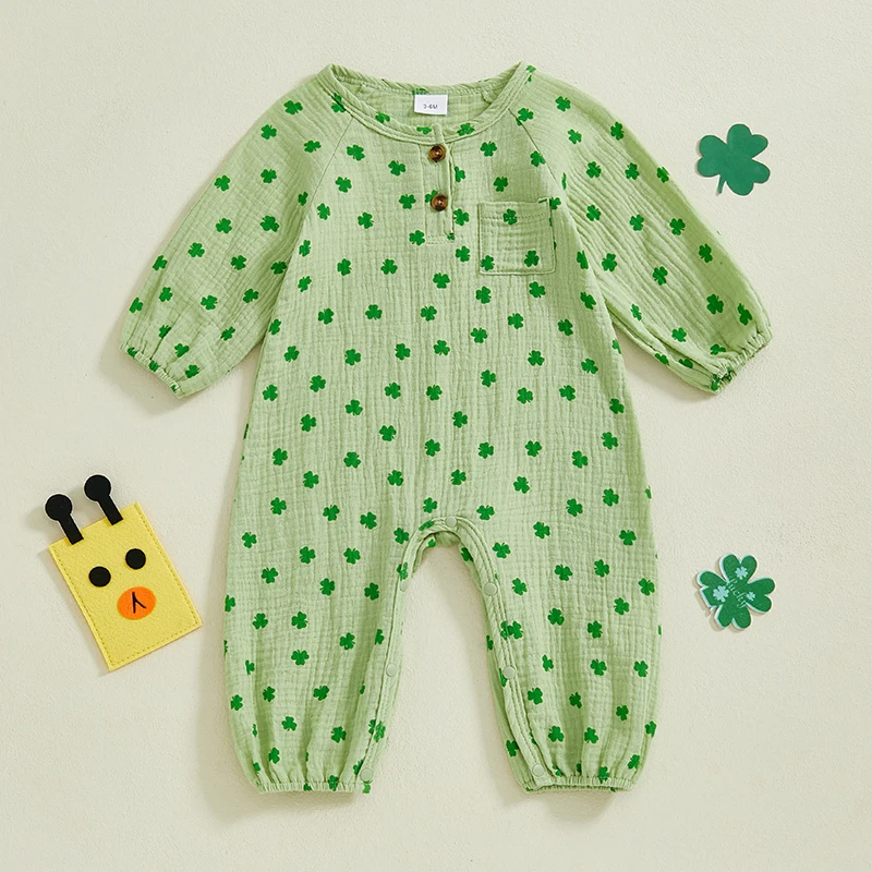 St Patrick s Day Infant Bodysuit Green Clover Print  Outfit Baby Jumpsuit Toddler Romper Irish Clothing