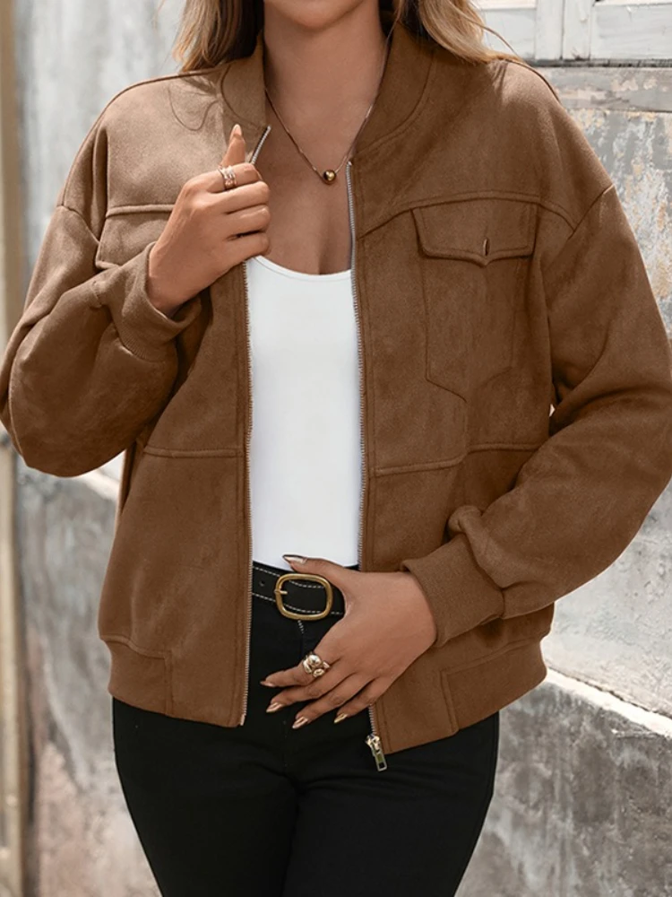 Giacca bomber in pelle scamosciata da donna vintage autunno inverno tasche larghe con cerniera manica lunga moda cappotto femminile Lady Casual Streetwear