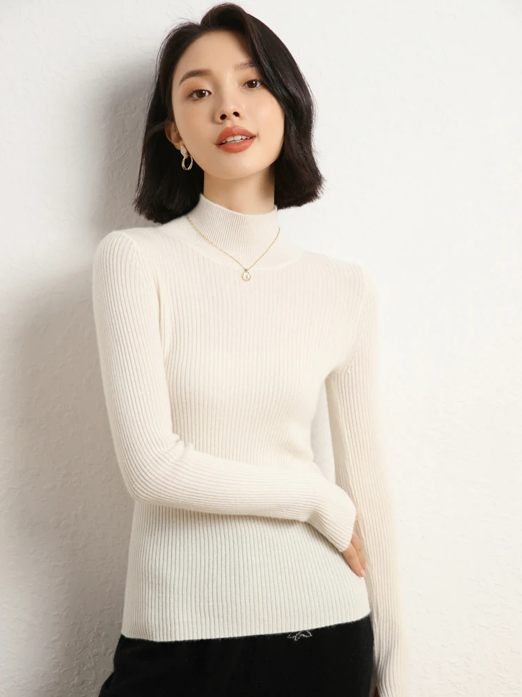 

Autumn Winter New Mock Neck 100% Cashmere Knitwear Pullover Sweater Women's Slimming Bottoming Multi Colored Vesatile Tops