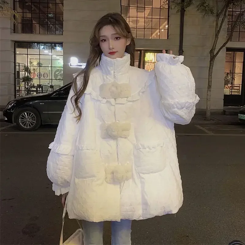 Kimotimo Autumn Winter Parkas Women Korean Fashion Stand Collar Patchwork Ruffle Loose Coats Sweet All Match Jacket Tops