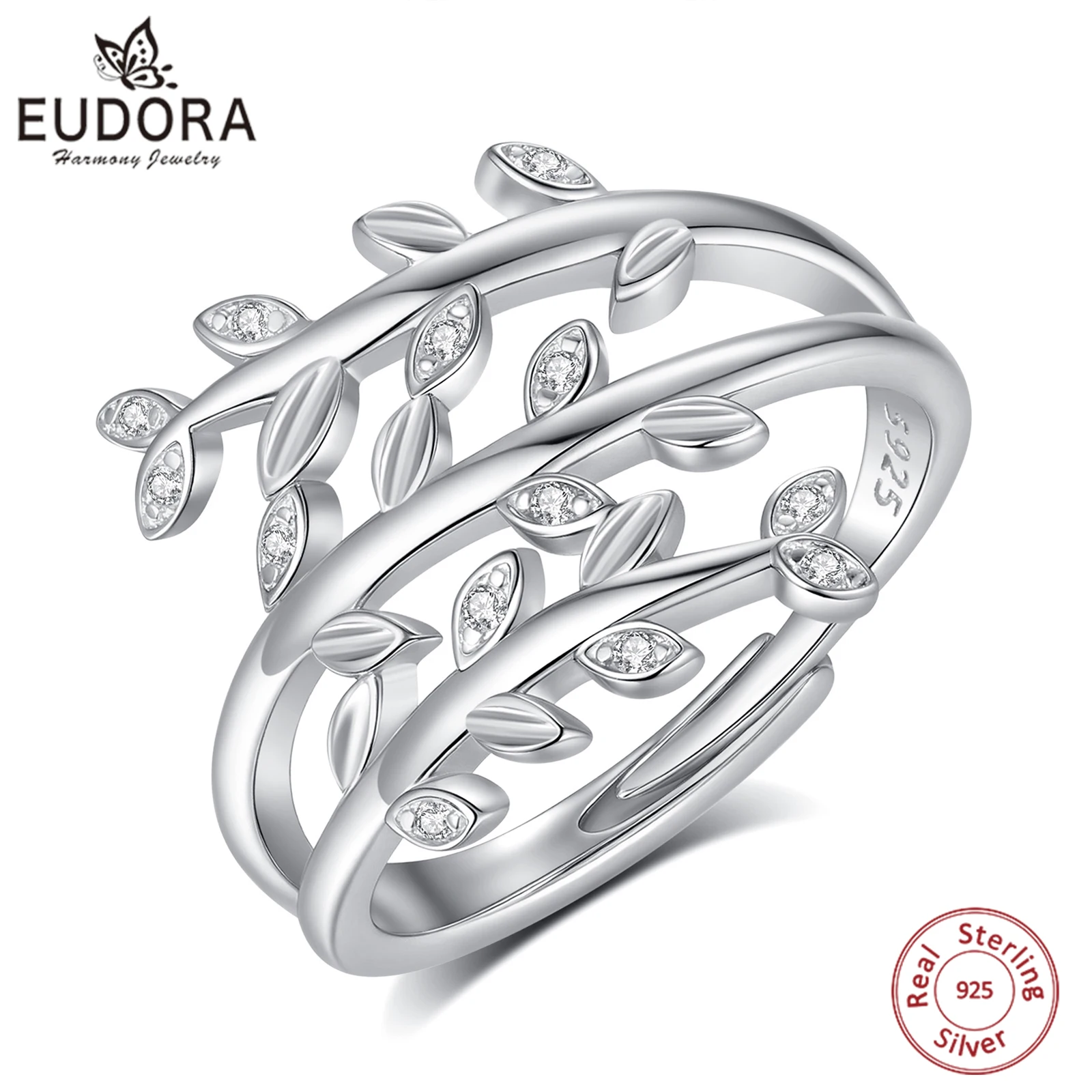 

Регулируемое кольцо Eudora из стерлингового серебра 925 пробы с листьями дерева, гипоаллергенное открытое кольцо с листьями AAA CZ, духовное ювелирное изделие, подарок для женщин и мужчин