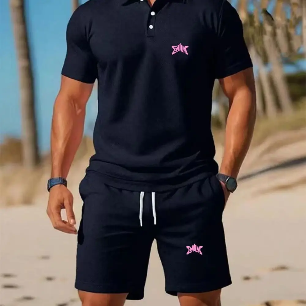 Summer Men's Streetwear 2 Piece Set polo-Neck T-Shirt+Sports Shorts Quick Dry Fitness Gym Running Suit Hot Sale Fashion Casual