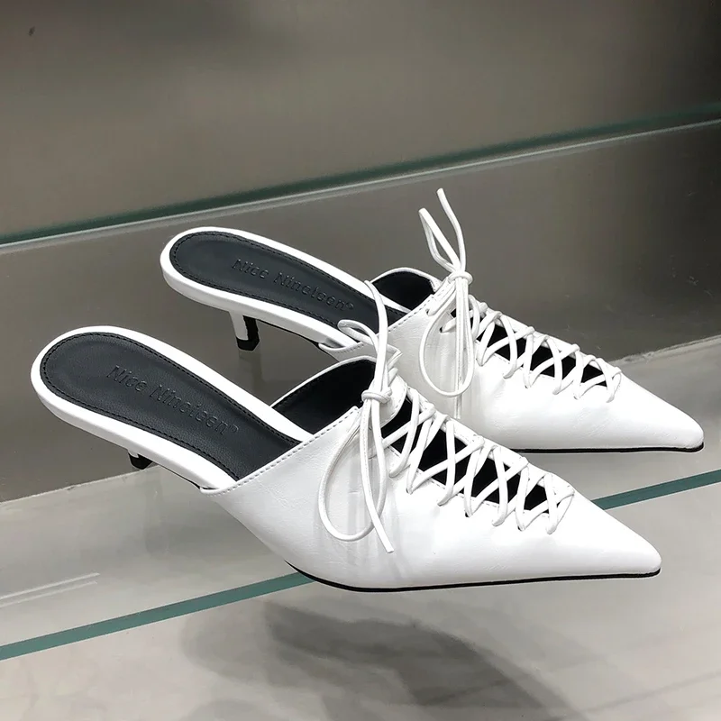 Fashion Pointed Toe Women Heels Shoes Slippers Mules Summer Female Lace up Shallow Outdoor Slides Heeled Ladies Pumps Shoes