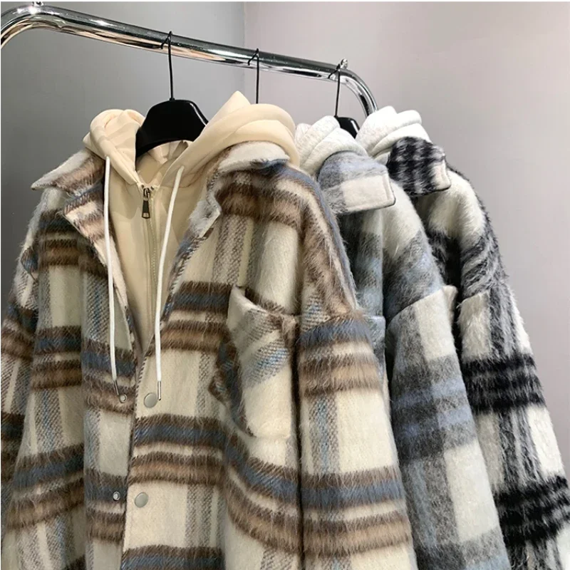 American style fake two-piece checkered jacket for men, autumn and winter new fashion, thick and warm hooded cotton jacket