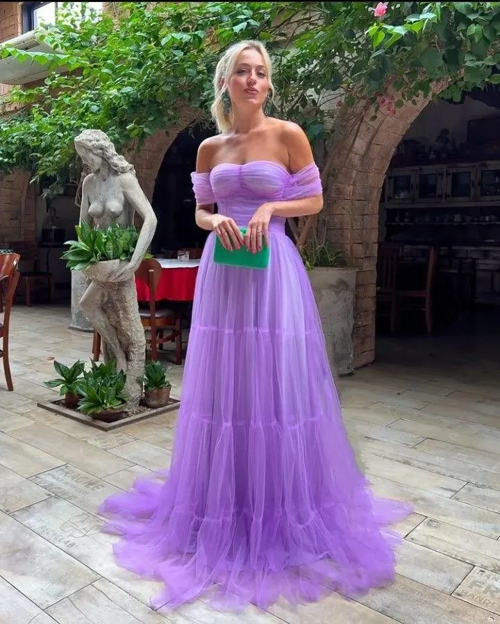 

Eeqasn New Lavender Tulle Long Prom Dresses V-Neck Pleats Evening Gowns 2022 Open Back Women Saudi Arabia Wedding Party Dress