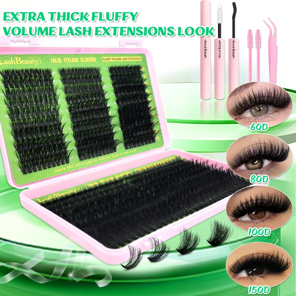 Kit de Clusters de Pestañas, 10–18 mm Curvatura D 60D/80D/100D/150D Naturales Gruesas Volumen Pestañas Individuales Libro Set Pegamento para Pestañas Extensión 6