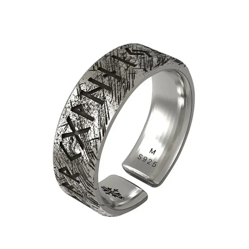 

925 Sterling Silver Nordic Mythology Viking Runes Ring For Men And Women Vintage Letter Open Party Jewelry