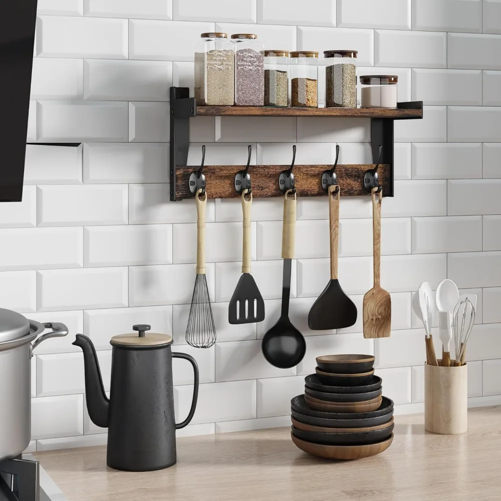 Ganchos de parede com prateleira, cabide de madeira com prateleira de parede, prateleiras suspensas de entrada com 5 ganchos de metal para roupas, chapéus towe