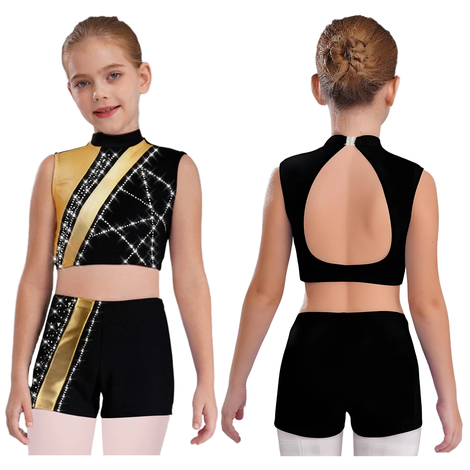 

Teen Girls Figure Skating Gymnastics Outfit Ballet Dance Performance Costume Sleeveless Cutout Back Rhinestones Crop Top+Shorts