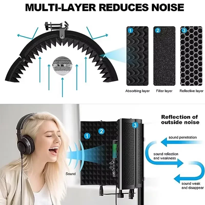 Foldable Studio Microphone Shield 5 Panel Adjustable Microphone Shield Isolation Reflection Filter Vocal Booth for Recording view 3