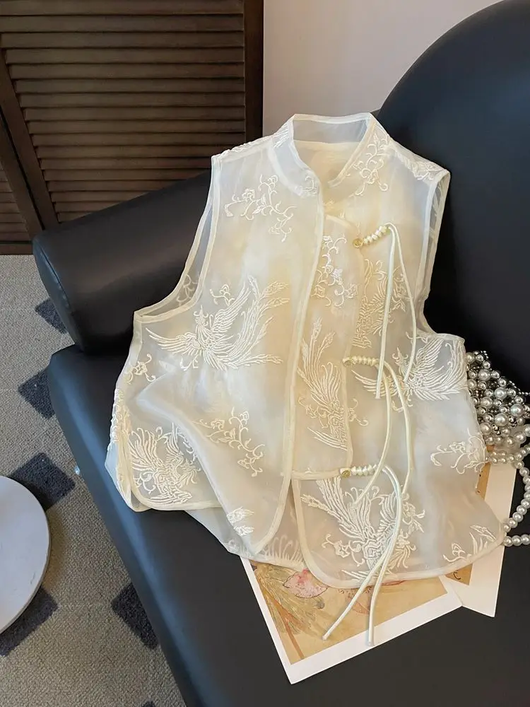 

Embroidered Vest Women Chinese Style Vintage Vest Sleeveless Retro Buckle Tops Female Summer New Fashion