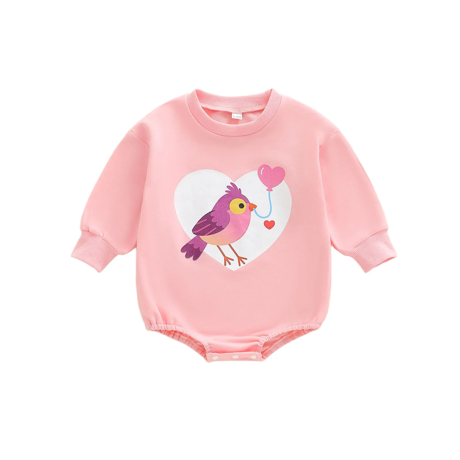 

Baby Girl Romper Long Sleeve Round Neck Bird Heart Print Bodysuit Infant Fall Outfit
