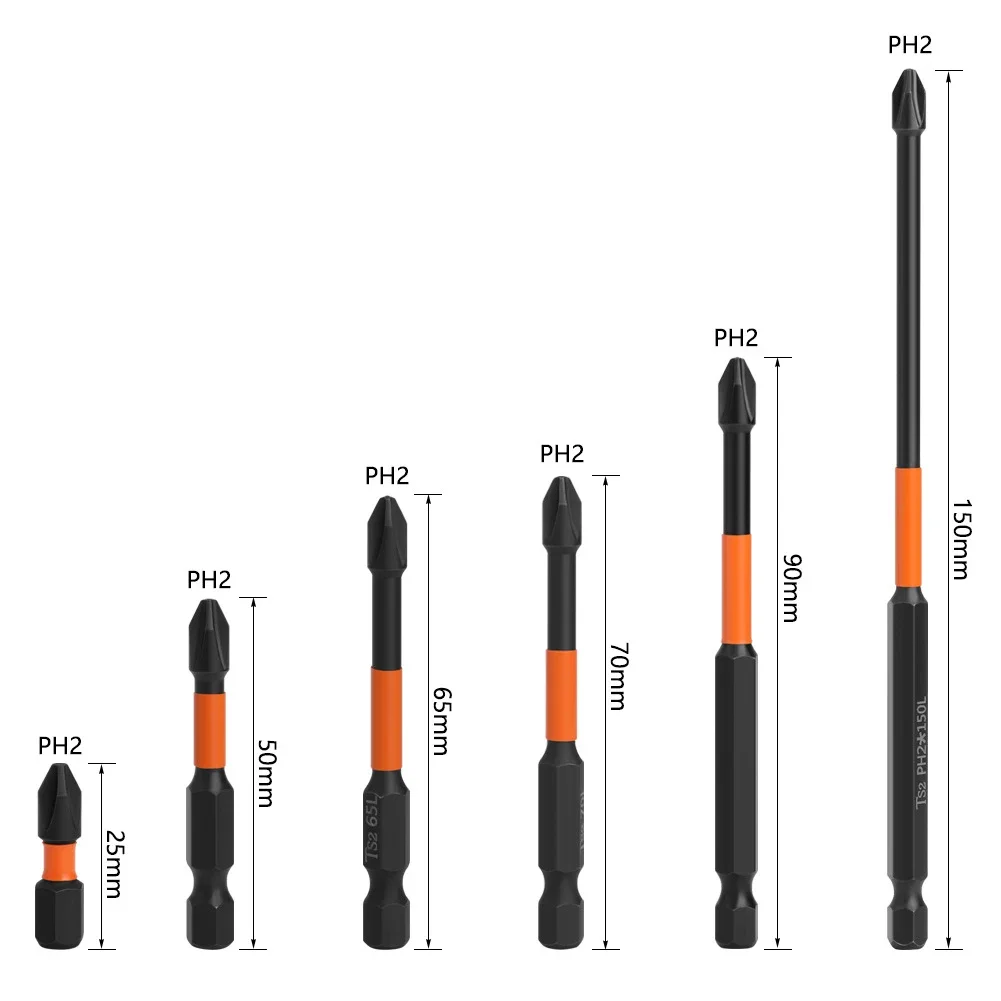 Juego de destornilladores PH2, cabezal magnético de impacto, cruz fuerte, alta dureza, 25/50/65/70/90/150mm, antideslizante, resistente al agua