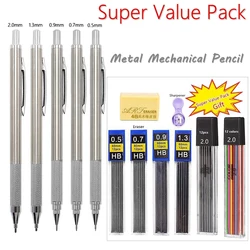 0.5 0.7 0.9 1.3 2.0mm Mechanical Pencil Set Art Automatic Metal Drafting Pencils Drawing Sketching with Leads Office School Gift