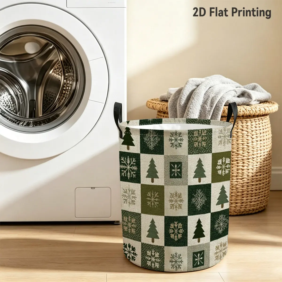Scandinavian Winter Laundry Basket with Snowflake Pine Tree Pattern - Rustic Checkered Clothes Hamper Suitable for Home