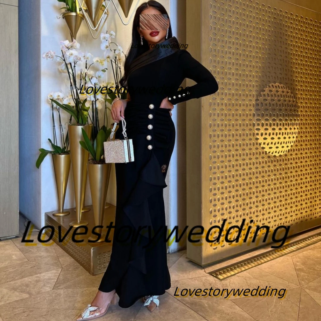 Lovestory Black Mermaid Prom Dresses Saudi Arabia Women Wear Party Buttons Long Sleeve Ruffles Evening Trumpet Gowns