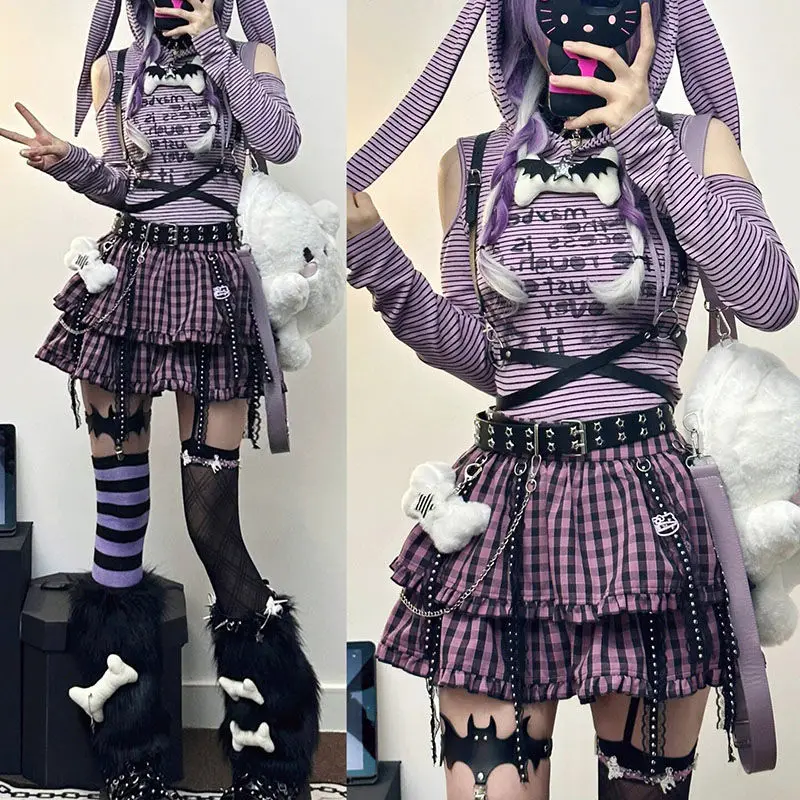 

Women Striped Off-shoulder Hoodie + Punk Plaid Cake Skirts Subculture Set Hot Girl Japanese Harajuku Y2K Gothic Two Piece Set