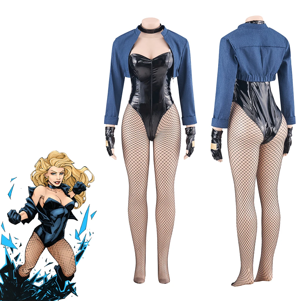 

Anime Black Canary Cosplay Costume Sexy Women Crop Jacket Bodysuit Mesh Stockings Full Set Halloween Superhero Battle Suit