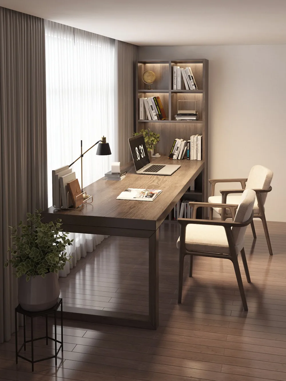Study all solid wood desk bookshelf bookcase integrated student home writing desk double desk side by side workbench