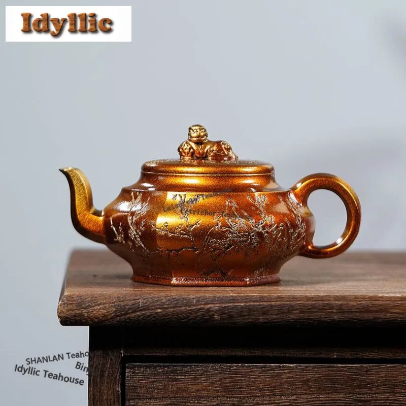 240ml Elegant Yixing Purple Clay Teapots Handmade Hexagonal Pot Raw Ore Shell Burning Method Mud Kettle Zisha Tea Set Gift Craft