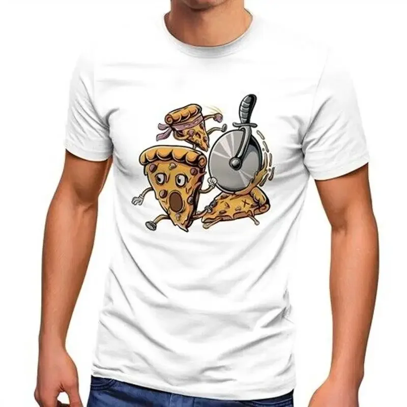 Mens T-Shirt Pizza Pieces Comic Fast Food Pizza Roller Fun Shirt Saying Funny