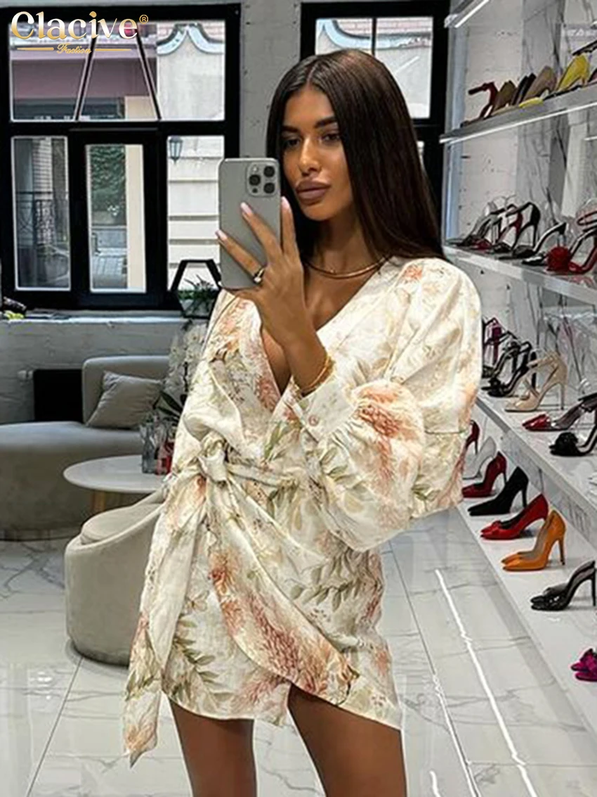 Clacive Sexy Loose Print Women\'s Dress 2024 Fashion V-Neck Puff Sleeve Mini Dresses Elegant Classic Lace-Up Dress Female Clothes