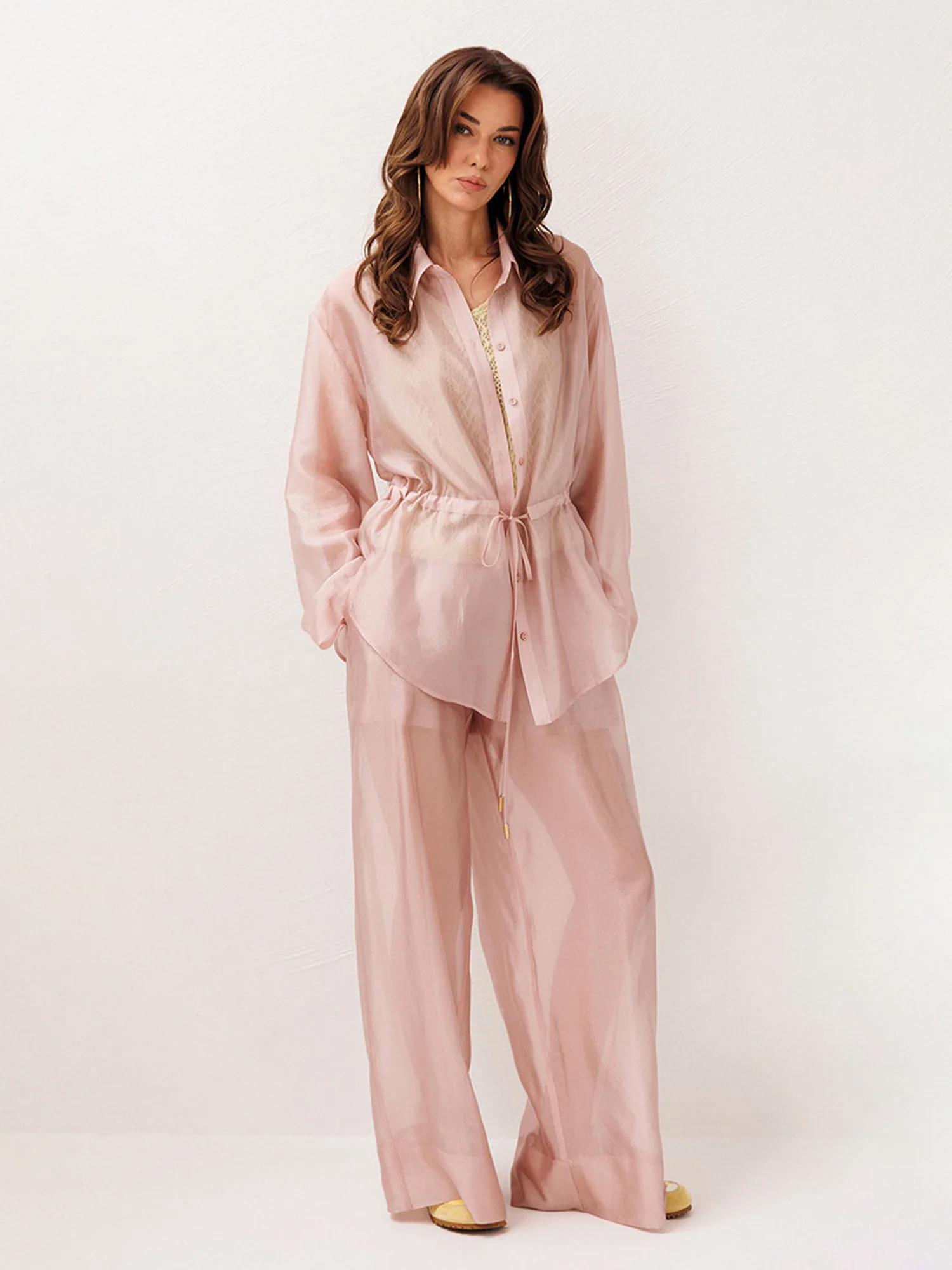 

LIMO Drawstring Waist Shirt 2-Piece Outfit Long Sleeve Sheer Top & Wide Leg Pants Set