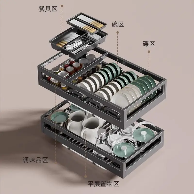 

Shallow depth kitchen cabinet pull basket stainless steel double-layer pull-out short storage dish basket inner rack factory