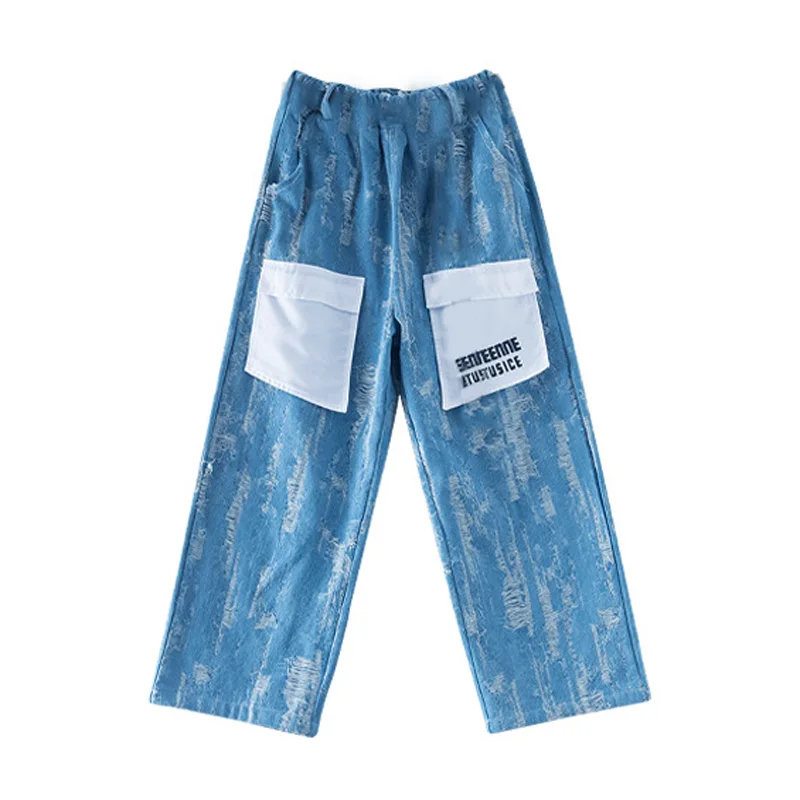 Mädchen Hip Hop Kleidung Denim Blau Schmetterling Crop Tank Patch Zerrissene Jeans Hosen Rock für Jazz Dance Kid Kostüm Kleidung