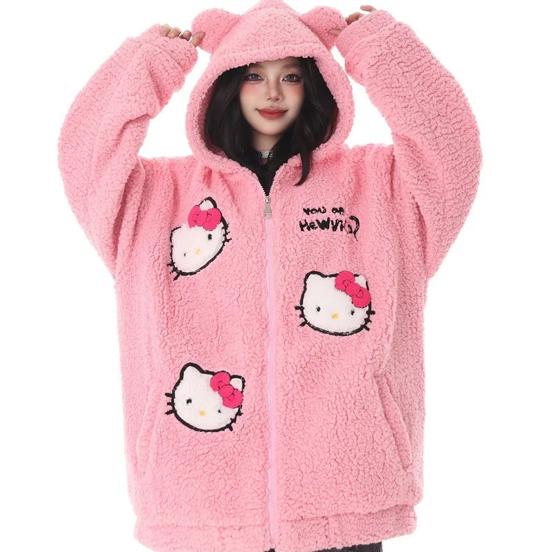 Sanrio Cartoon Hello Kitty Hooded Zipper Sweatshirt Lamb Wool Coat Girls Student Winter Loose Plush Thickened Warm Cotton Coats