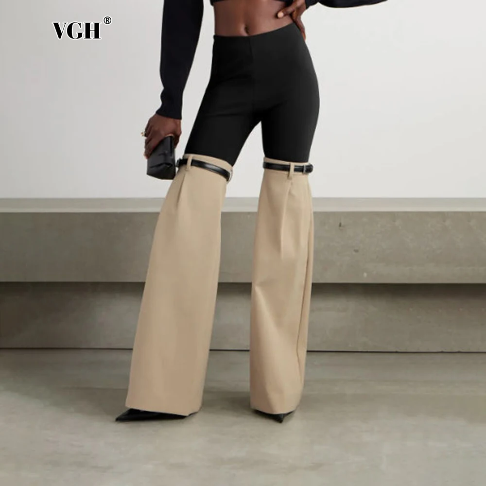 

VGH Hit Color Patchwork Belts Temperament Trousers For Women High Waist Spliced Pockets Casual Pants Female 2024 Fashion Style