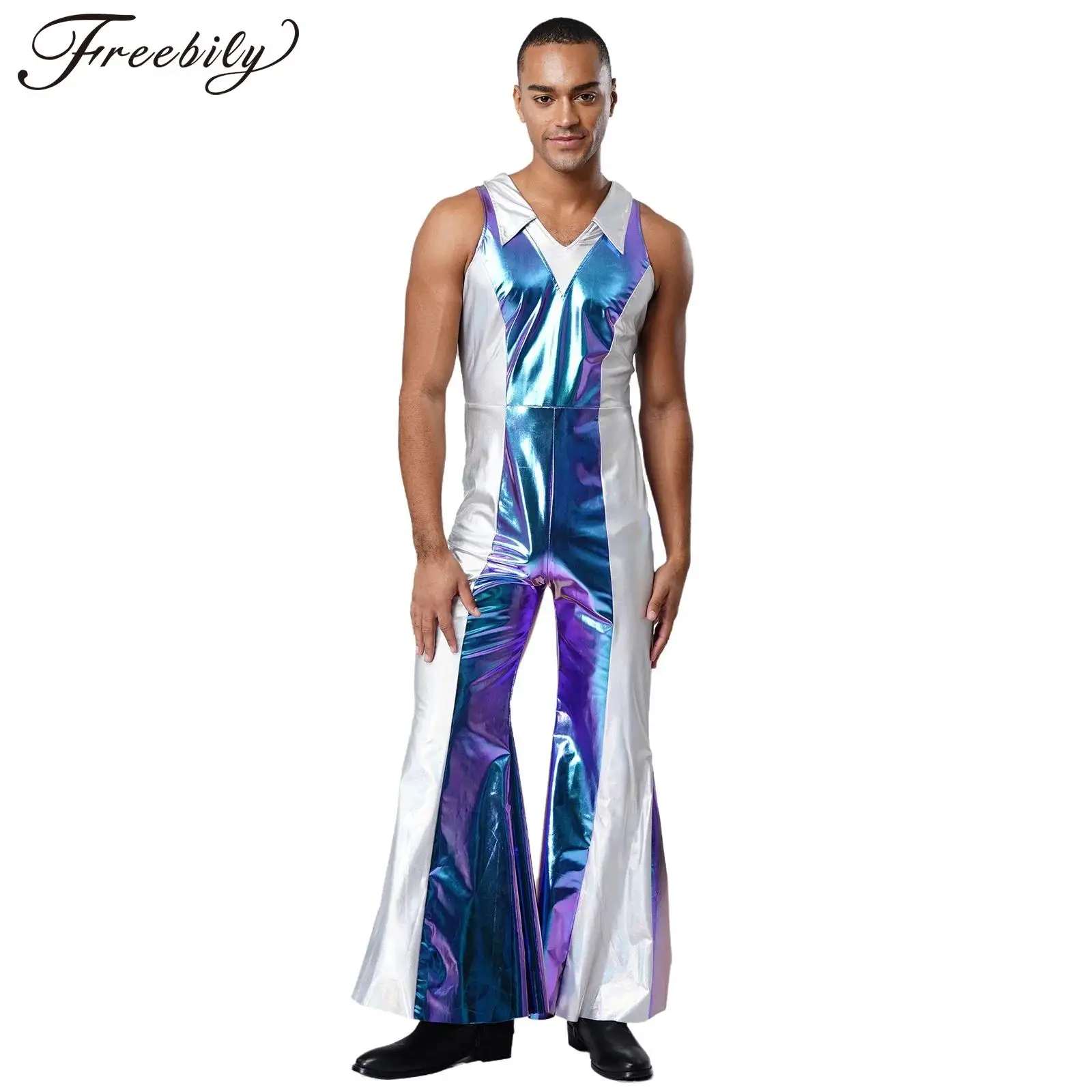 Costume Disco pour hommes des années 70 et 80, Hippie métallique, pantalon à cloche, body à manches longues, combinaison évasée pour fête musicale Jazz