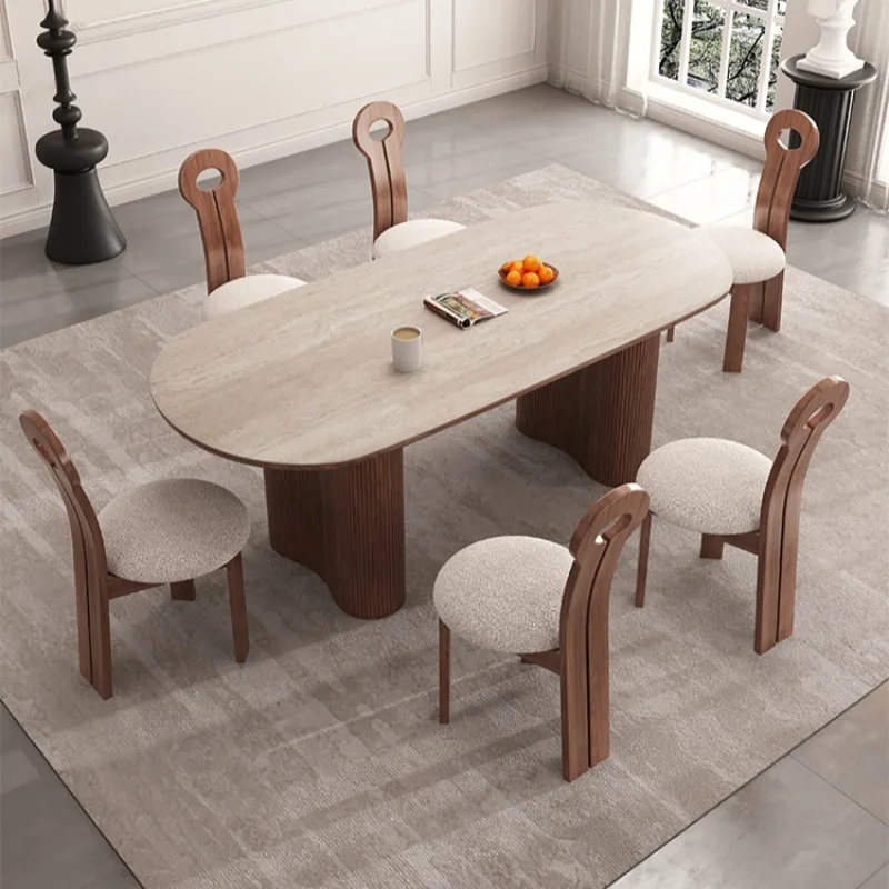 French solid wood rock slab oval dining table, designer high-end dining table