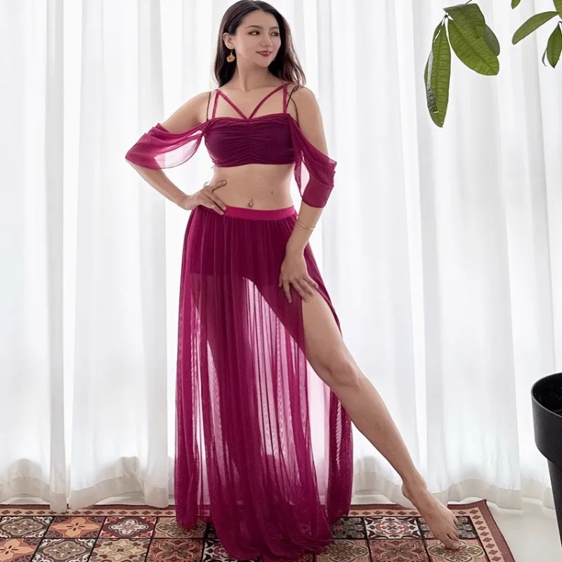 Spersonalizowana sukienka do tańca brzucha Swegal, odzież do tańca orientalnego, strój do ćwiczeń, fioletowo-różowo-czerwona siateczka, podwójny widełkowy zestaw z dużą spódnicą do swingowania.