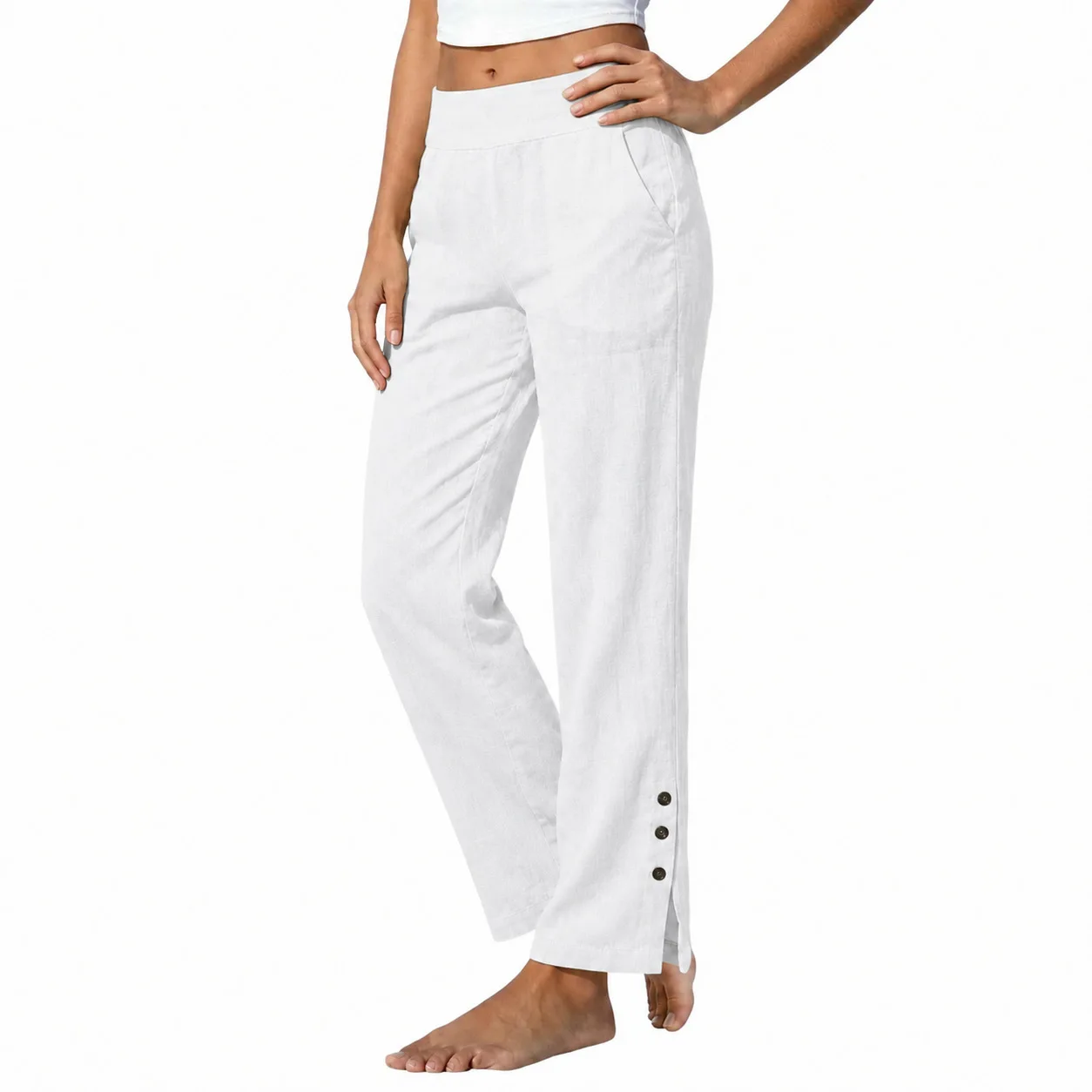 2026 Summer Women's Casual Pants High Waist Loose Straight Leg Pants Side Split Button Wide Leg Pants