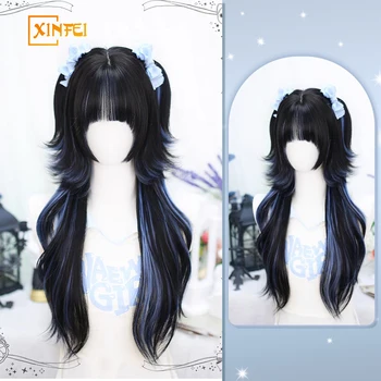 XINFEI Parrucca lunga Lolita Ombre Harajuku con Bang Parrucca cosplay riccia ondulata blu Parrucche sintetiche resistenti al calore con testa di medusa