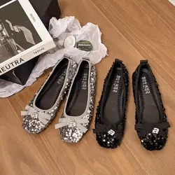 Ballerine con paillettes lucide estate nuove donne fiocco punta tonda Mary Janes scarpe moda diamante ciondolo eleganti mocassini da donna