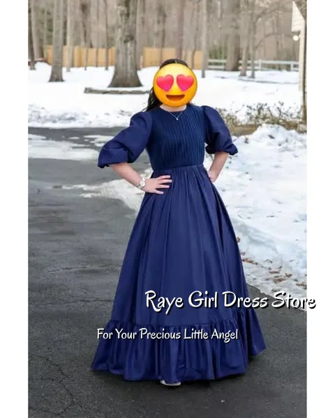 Flower Girl Dress For Wedding Birthday First Communion Formal Gowns A Line Floor Length Puff Sleeve Pleated Ruffle Hem Gowns